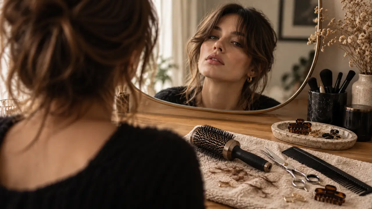 Frange rido : frange rideau encadrant le visage, gros plan coiffure