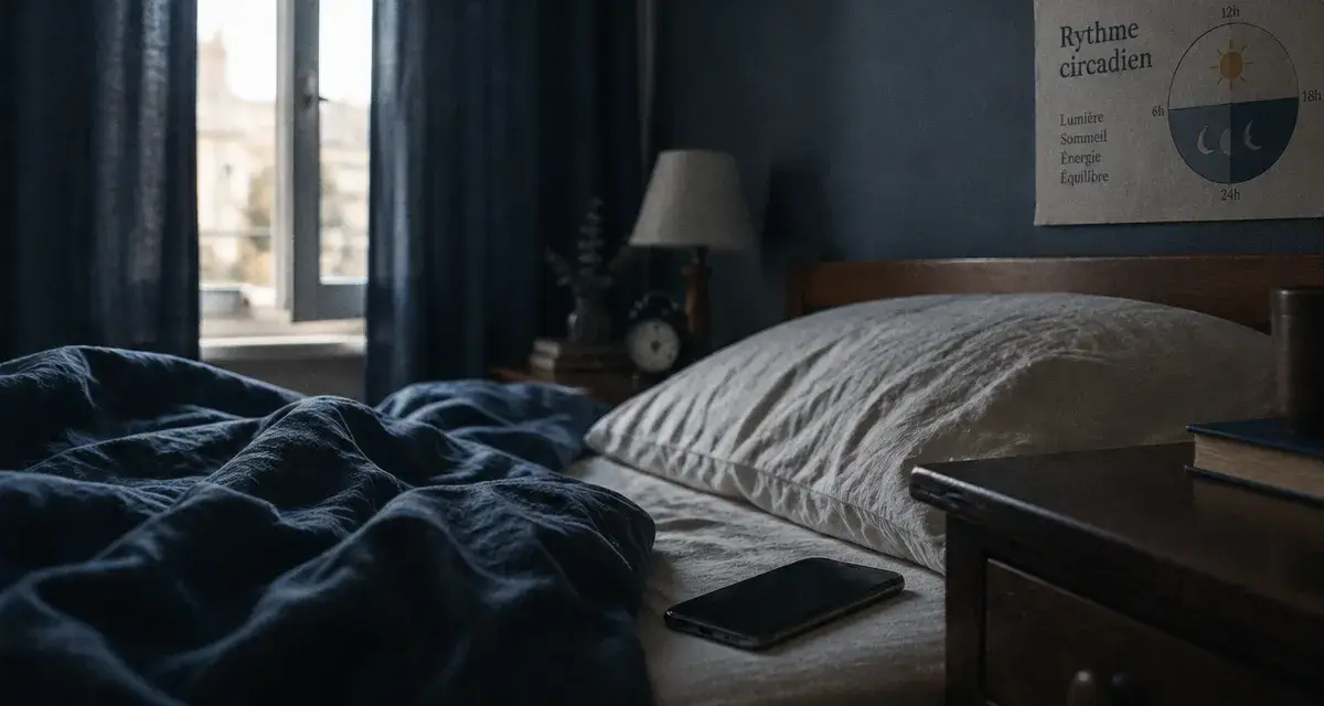 Hygiène du sommeil : téléphone éteint sur le lit, drap et oreiller