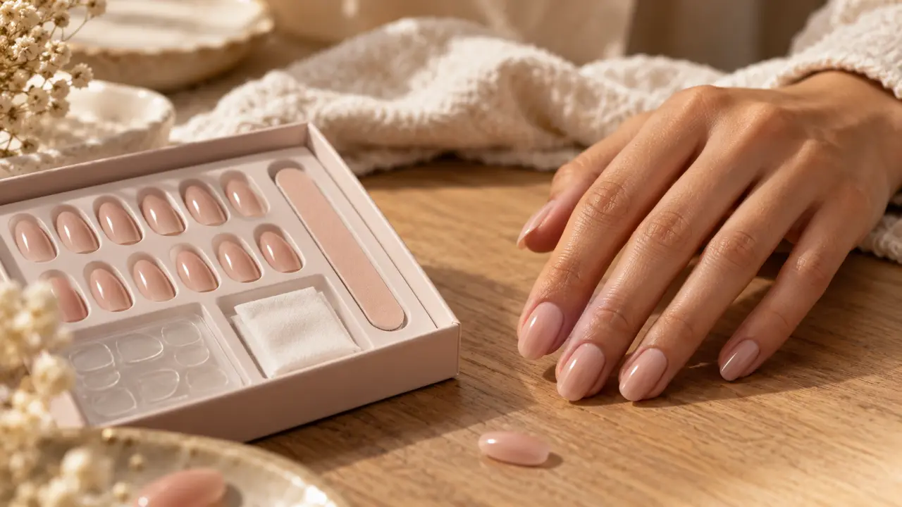Ongles amande courts nude, pose press-on confortable au quotidien