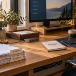 Organisation de bureau : documents triés, surface dégagée