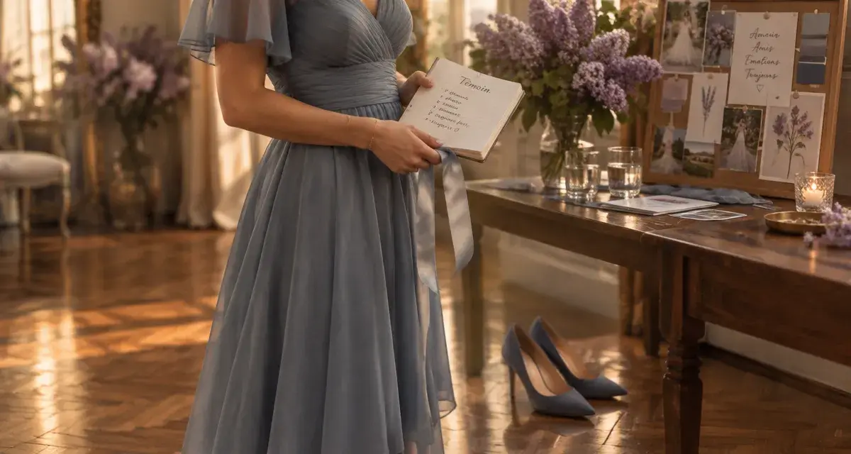robe de mariée temoin : témoin en robe bleue grisée près d’une loge de mariage