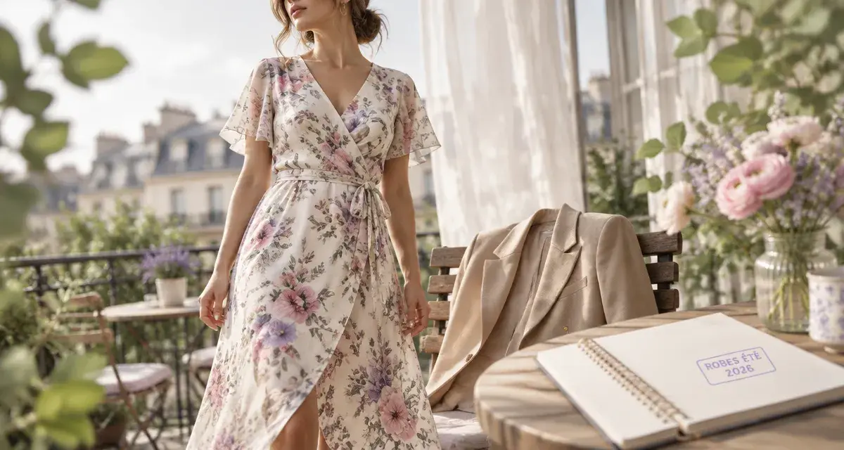 Robe ete 2026 midi fluide portefeuille en crêpe fleurs, blazer beige sur balcon urbain