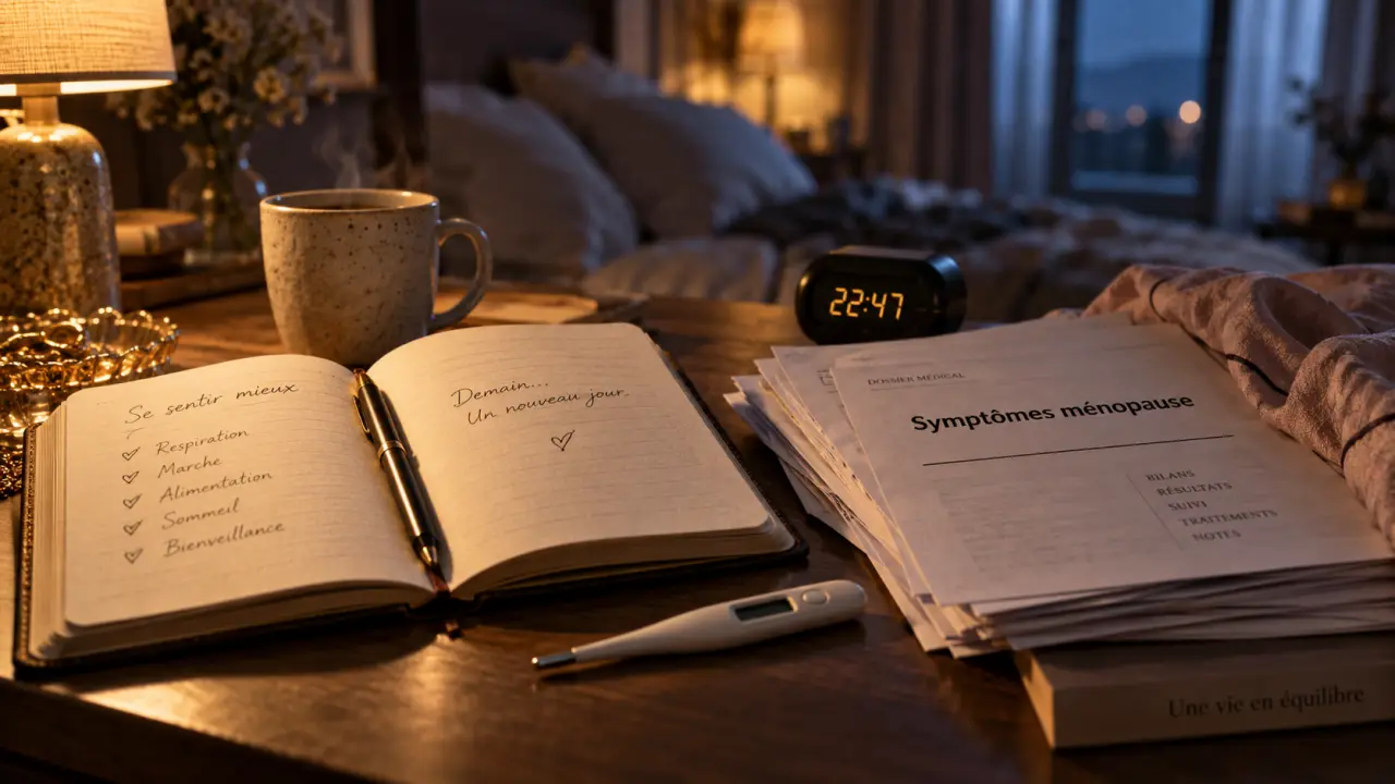 Symptome de la ménopause : thermomètre et carnet médical la nuit